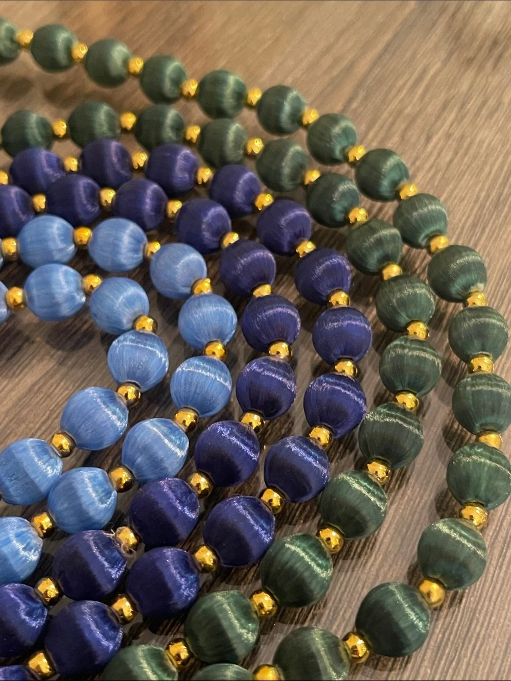 Vintage 3 Necklaces with Spun Silk Satin Beads Gold Tone Spacers 30 In. Approx